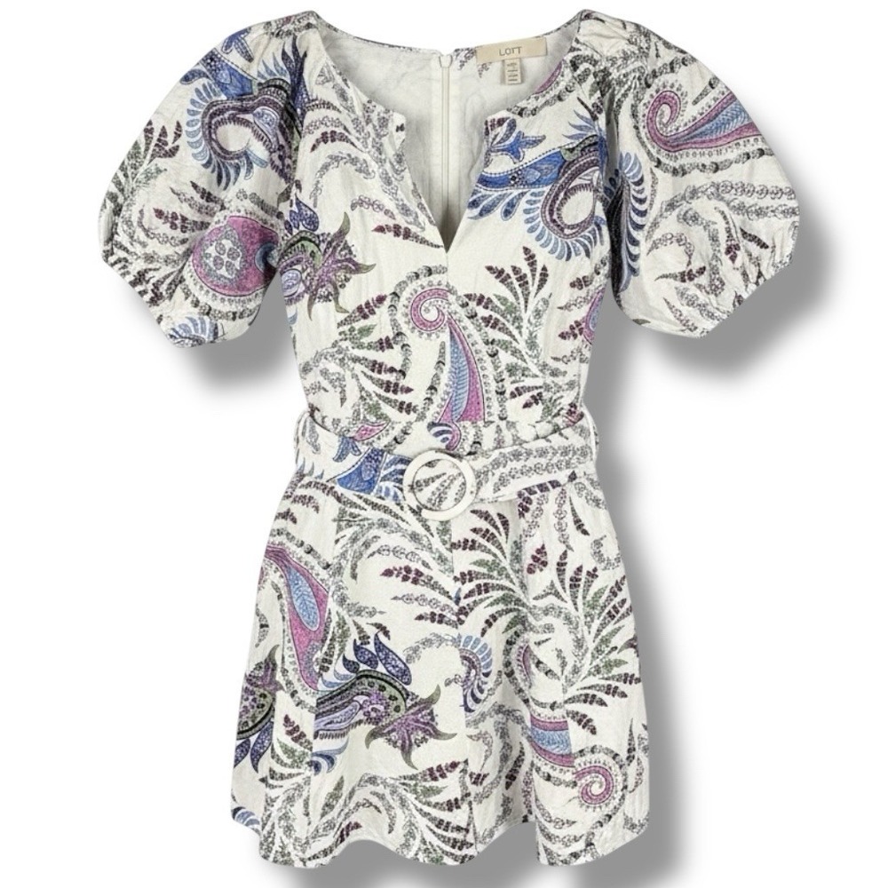 Loft Paisley Linen Blend Belted Puff‎ Sleeve Dress Women's Size 0 Lined V-Neck